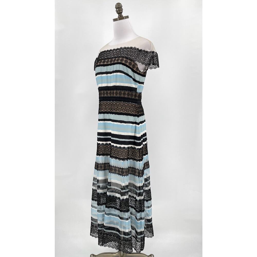 Tadashi Shoji Womens Blue Black Striped Tulle Lace Midi Dress Sz 8 - Picture 3 of 10